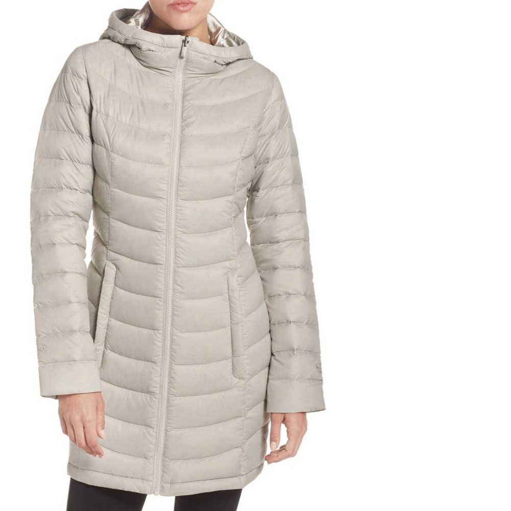 North Face “Jenae” hooded down jacket in dove grey